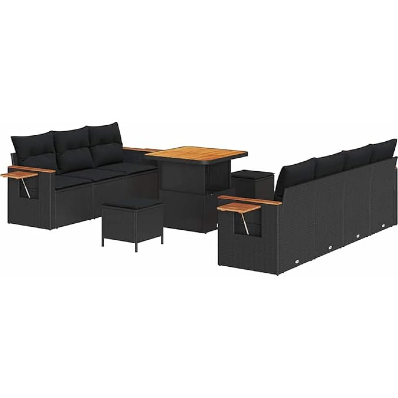 Rantry 10-teiliges Garten-Sofa-Set mit Kissen Schwarz Poly Rattan Akazie Gartenlounge Model3363134