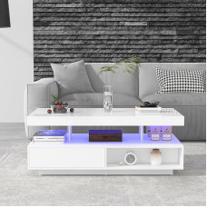 BTM valge kõrgläikega kohvilaud 95 x 50 x 42,5 cm - 4 klaasplaadiga, 2 sahtlit ja 2 avatud kambrit, põrandakapp elutuppa, kohvilaud