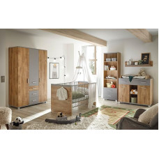 M Möbel-Direkt Deutschlands schnelle Möbel Larissa Baby Room 5-Piece - Children's Room in Bolton Oak & Arctic Grey with Revolving Door Cupboard, Baby Cot 70 x 140 cm Height Adjustable, Changing Table