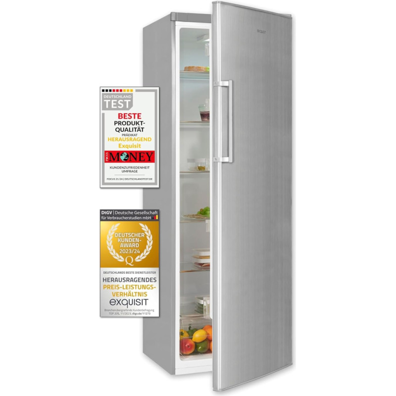 Exquisit Fridge KS350-V-H-040E inoxlook | 331 l net capacity | stainless steel look | freestanding | LED light | door hinge changeable | silver