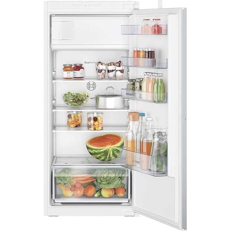 Bosch KIL42NSE0 Built-In Fridge Series 2, Integrated Fridge with Freezer Compartment 122 x 56 cm, 172 L Cooling, 15 L Freezer, Drag Hinges, MultiBox XXL, LED Lighting, EcoAirflow, SuperCooling