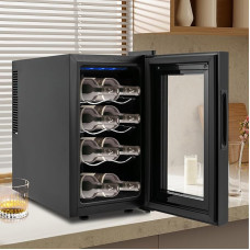 Kozivmo Wine Fridge - Temperature Control - Wine Fridge Supports 8 Bottles - Panoramic Glass Door, Interior Lighting, Integrated Wine Glass Holder, Capacity 23 L