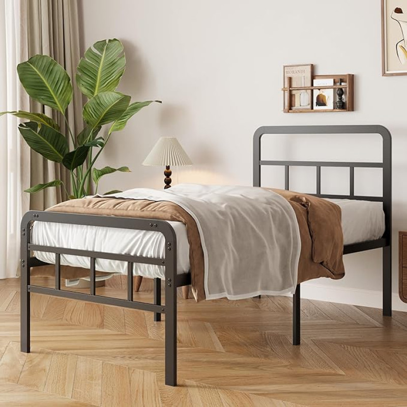 Yicensen voodiraam 90 x 200 cm koos pea- ja jalatoega, 46 cm kõrgune metallist voodiraam üheinimesevoodi, magamistuppa, külalistetuppa, lihtne kokkupanek, müravaba, must