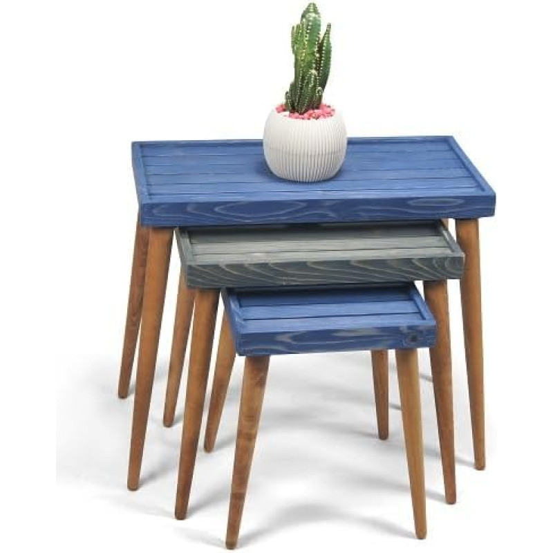 MOBENTA Rustikale Massivholz 3-teilige Nisttische mit Lattenplatten - Handgefertigtes platzsparendes Beistelltisch-Set