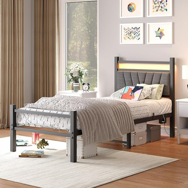 FOUBAM polsterdatud voodiraam 90 x 200 cm koos laadimisjaamaga ja LED-valgustusega, vastupidav metallvoodi koos peaosaga, kaasaegne külalisvoodi, noorte voodiraam, voodi 90 x 200 cm lamelliraamiga, must