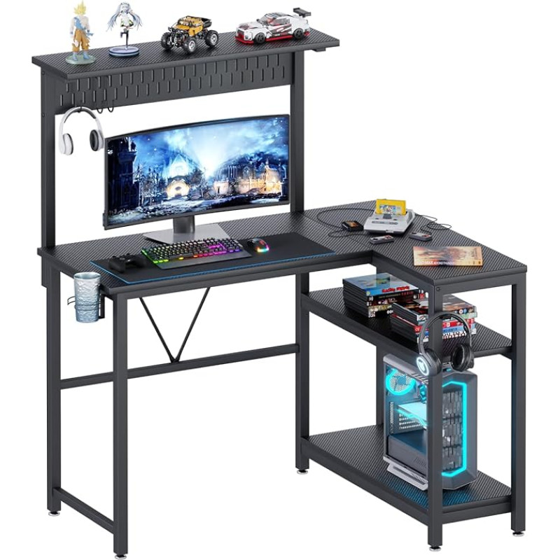 HEEYUE L-kujuline mängulaua pulgaplaadiga, pööratav nurgapult 2-kihiliste riiulitega, kõrvaklappide konksud ja tassihoidja, Compuer Gamer tööjaam koju, kontorisse, mängutuppa