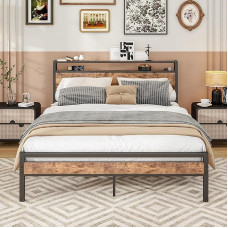 BORPHOM metallist voodi 150 x 200 cm voodiraam liistudega, puidust voodiraam koos panipaigaga, täiskasvanutele, lastele, teismelistele, kaheinimesevoodi 150 x 200 cm, vintage pruun + must