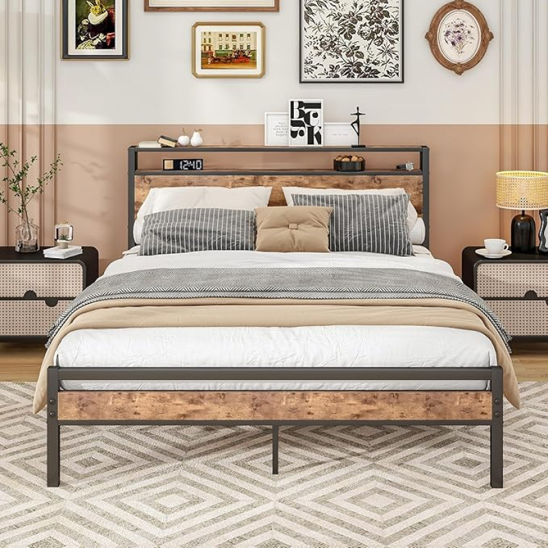 BORPHOM metallist voodi 150 x 200 cm voodiraam liistudega, puidust voodiraam koos panipaigaga, täiskasvanutele, lastele, teismelistele, kaheinimesevoodi 150 x 200 cm, vintage pruun + must