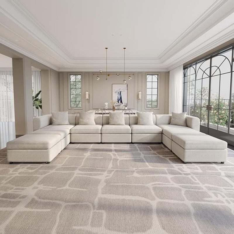 Miuuod 9-kohaline L/U kuju Ülisuur diivan diivan elutuppa 5 istekohta 4 Ottomani L-kujuga hubane diivan Queen Velvet Extra Large Beige 184