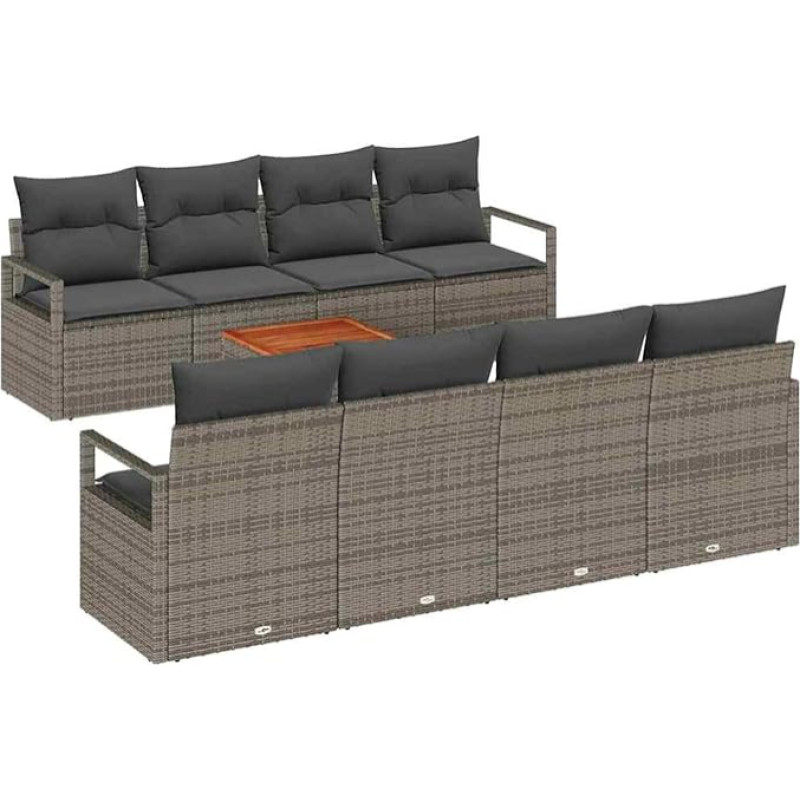 Rantry 9-teiliges Garten Sofa Set mit Kissen Grau Poly Rattan Akazie, 2-Sitzer Garten Sofa mit Kissen Grau Poly Rattan Gartenlounge Model3347678