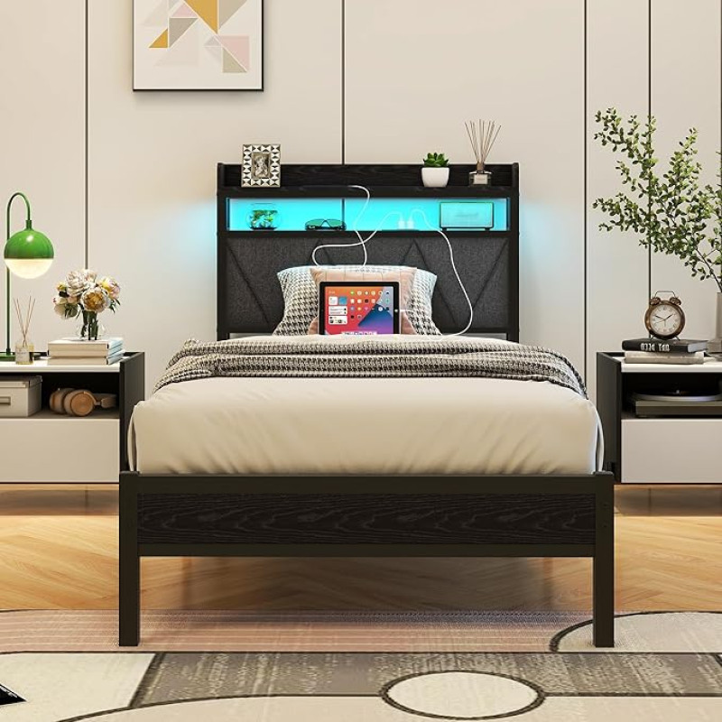 VERFARM 3ft Single voodiraam LED tuled Storage Polsterdatud peatugi ja laadimisalus Solid Metal Platform Bed Single suurus No Box Spring vaja müravaba