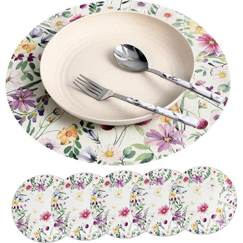 Homoyoyo 6 Stück Teiliges Runde Leinen-platzsets mit Blumenmuster Hitzebeständig und Waschbar Dekorative Tischsets für Esstisch rutschfeste Platzdeckchen Vielseitig für Zuhause und