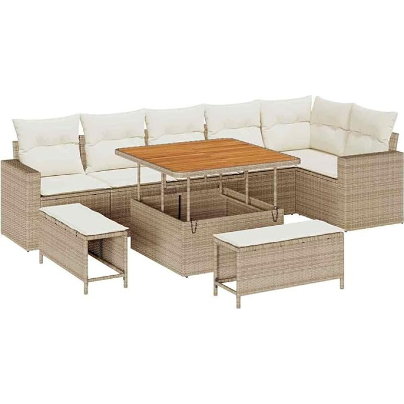 Rantry 9-teiliges Garten Sofa Set mit Kissen Beige Poly Rattan Akazie Gartenlounge Model3363576