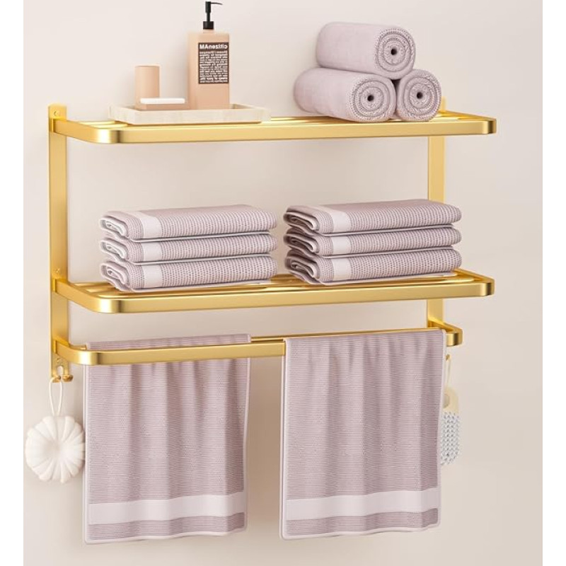 DDS-DUDES 3-tasandiline kuldne rätikuhoidja vannitoa jaoks koos rätikuribadega Mitmekihiline hotelli rätikuhoidja Roostevabast terasest seinale paigaldatud harjatud viimistlusega hoidja koos rätikuriiulitega 23-tolline