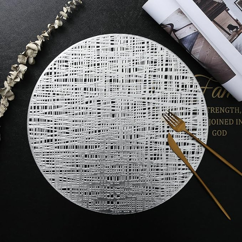 Tischset 4Er, Hohles unregelmäßiges Gittermuster Platzsets, Küchen-Tischsets für Esstisch, Silber, 38cm