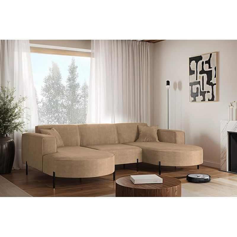 Kaiser Möbel - Nurgadiivan, Modena U Rein - Diivanvoodi, moodne disain diivan - vabalt seisev diivan elutoas - kangas Noel - värv beež - 165 x 299 x 78 cm