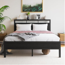 VECOCHO Kahekohaline voodiraam puidust peatoega Raske metallist platvormvoodiraam Double No Box Spring Voodi all olev madratsi alus Müratu must voodi