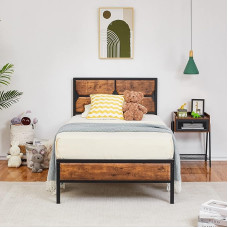 VECELO voodiraam 90 x 200 cm, metallist voodi paksu puidust pealae ja lamelliraamiga, kaheinimesevoodi koos voodi all oleva panipaigaga, sobib ideaalselt magamistuppa, Vintage Brown