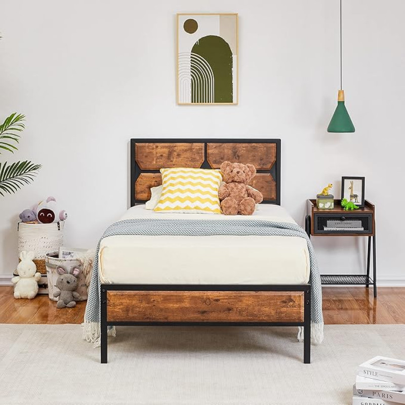 VECELO voodiraam 90 x 200 cm, metallist voodi paksu puidust pealae ja lamelliraamiga, kaheinimesevoodi koos voodi all oleva panipaigaga, sobib ideaalselt magamistuppa, Vintage Brown