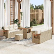 Rantry 9-teiliges Garten-Sofa-Set mit Kissen Beige Poly Rattan Akazie Gartenlounge Model3363131