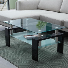 CLIPOP Karastatud klaasist ristkülikukujuline kohvilaud, elutoa laud, kaasaegne diivanilaud hoiuruumiga, kohvilaud, klaasist laud alumise riiuliga elutuppa, rõdule, magamistuppa, 100 x 60