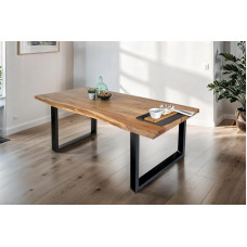 SAM Tomaso söögilaud 200 x 100 cm Wane laud Looduslik värviline akaatsiapuit Täispuidust U-raamiga must ehtne puukant