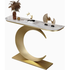 Halbmond-Konsolentisch im Industriestil, schmaler Eingangstisch mit Metallfuß, eleganter Flur-Akzenttisch für Wohnzimmer und Foyer, Gold-Finish, 150 cm