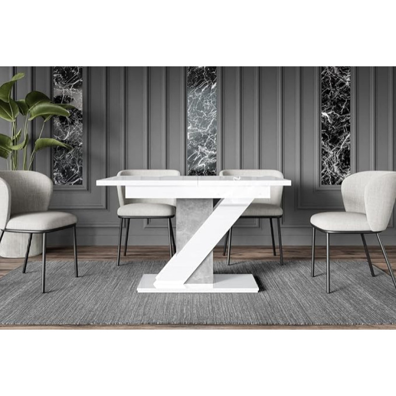 ALTDECOR pikendatav söögilaud, sobib ideaalselt köögi-, söögi- või elutoa lauaks, massiivne konstruktsioon mööbliplaadist, 120-160 x 80 x 75 cm, kõrgläikega valge/betoonist välimus, Eva