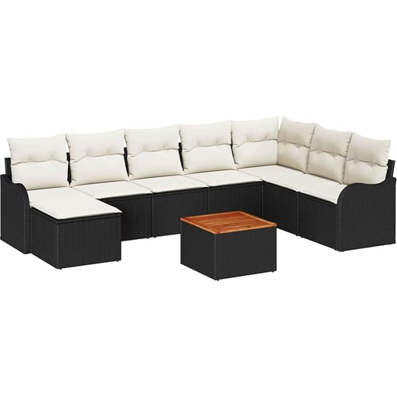9-teiliges Garten Sofa Set mit Kissen Schwarz Poly Rattan Akazie, 2-Sitzer Garten Sofa mit Kissen Schwarz Poly Rattan Gartenlounge Model3347488