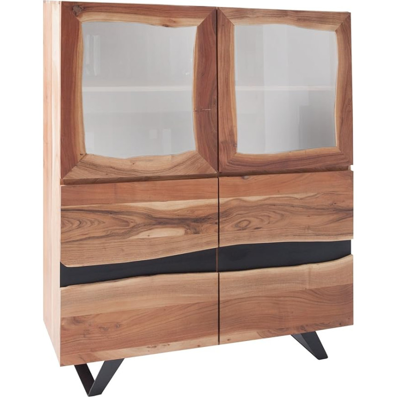 invicta INTERIOR Amazonas Solid Highboard akaatsiapuu serva metallist must 140 cm täispuidust kapp vitriinkapp küljeplaat