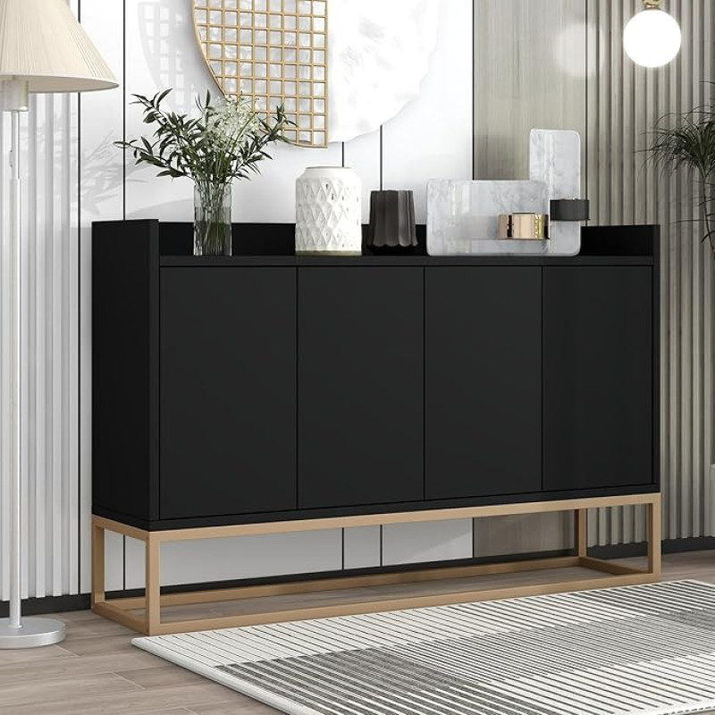 FEEOHOME Sideboard, metalljalgadega hoiukapp, köögimööbel 4 ukse ja reguleeritavate riiulitega, köögikapp 120 x 30 x 80 cm söögitoas, elutoas (must)