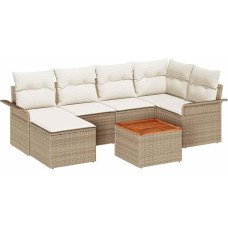 7-teiliges Garten-Sofa-Set mit Kissen Beige Poly-Rattan Akazie, 2-Sitzer Garten-Sofa mit Stauraum & Kissen Beige Poly-Rattan Gartenlounge Model3356020