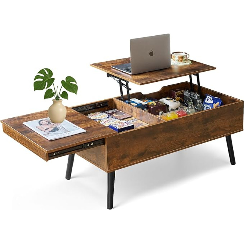 JanflyHome kohvilaud reguleeritava kõrgusega, kohvilaud hoiuruumiga, lükandplaat, 2 eraldi peidetud hoiukambrit, elutoa laud reguleeritava kõrgusega & kohvilaud elutuppa