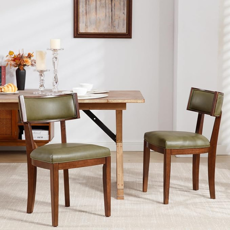 Mid Century Modern Curved Back Söögitoolid 2 söögitooli komplekt pähklipuidust jalgadega köögi söögitoa jaoks Faux Leather Green