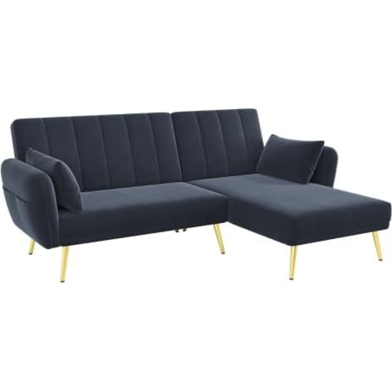 HAINEW kaasaegne 2-istmeline L-kujuline nurgadiivan magamisfunktsiooniga elutuppa, korterisse, 191,5 x 130 x 80 cm, sametist materjal, reguleeritav seljatugi, kuldsed jalad (must)