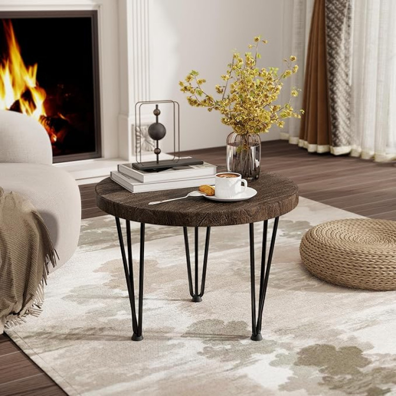 Fun Memories ümmargune Elm Wood kohvilaud metallist jalgade ja libisemiskindlate jalgadega, rustikaalne küljelaud elutuppa, magamistuppa, 20 x 20 x 16 tolli, pähkelpuu