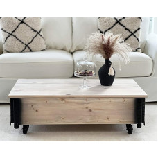 Onu Joe´s kohvilaud lauanõude kirst Laua kirst Vintage Shabby Chic stiilis täispuidust halli värvi hoiuruumiga ja kaanega puidust kasti küljelaud Maamaja elutoa laud puidust laud