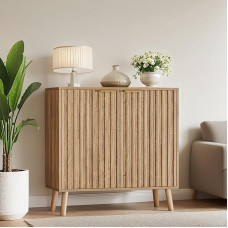 Pamapic Ribed Storage Cabinet, Sideboard, Buffet Cabinet koos hoiuruumiga, Buffet Sideboard, Console Table, Credenza, Modular Wooden Organiser with Doors and Shelf (Oak)