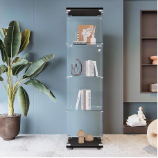 Beauty4U klaasist vitriinkapp 4 riiuliga, kabinetid elutuppa, magamistuppa, kontorisse, must põrandal seisev klaasist raamaturiiul, kiire paigaldus