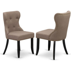 East West Furniture SIP6T48 Sion Parson 2 musta pehmendusega söögitooli komplekt, millel on tupsutatud naelapea kaunistused kohvi linasest kangast