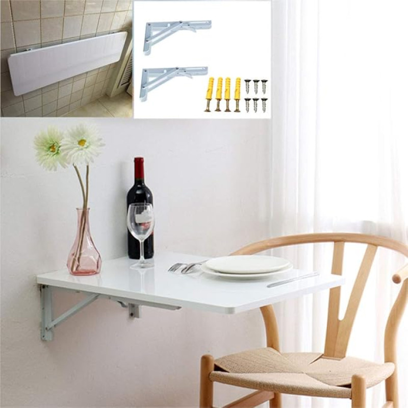 Klappbarer Küchentisch Wandmontage für kleine Räume, 40 kg Fassungsvermögen, modernes Weiß-Finish, idealer Schreibtisch für Wohnzimmer, Schlafzimmer oder Werkstatt