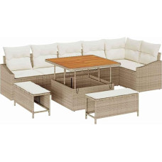 Rantry 9-teiliges Garten Sofa Set mit Kissen Beiges Poly Rattan Akazie Gartenlounge Model3364616