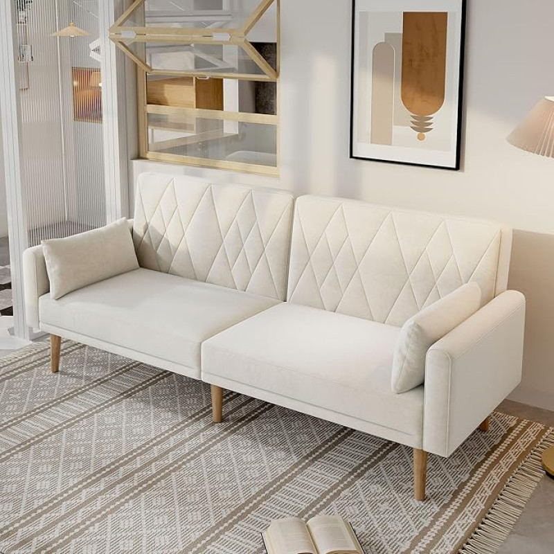 Moimhear 3 in 1 multifunktsionaalne sametist kangast diivanvoodi, mis sobib elutuppa magamistoas koduteatri külalistetuppa (beež)