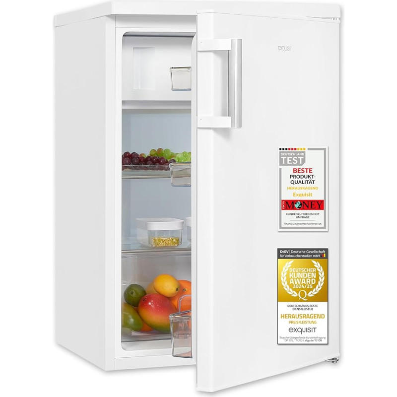 Exquisit Fridge with Freezer, 120 Litres, 2 Shelves, Vegetable Drawer, 4-Star Freezer, Freestanding, Door Hinge, EEK D, KS516-4-H-010D White