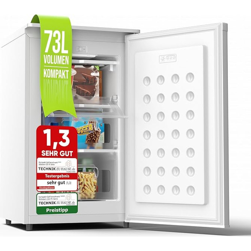 Stillstern Freezer C (73L) 4-Star Freezer -18°C, Low Energy Consumption, 3 Compartments, Infinitely Adjustable Temperature, Interchangeable Door Hinge, Freezer Small, Freezer