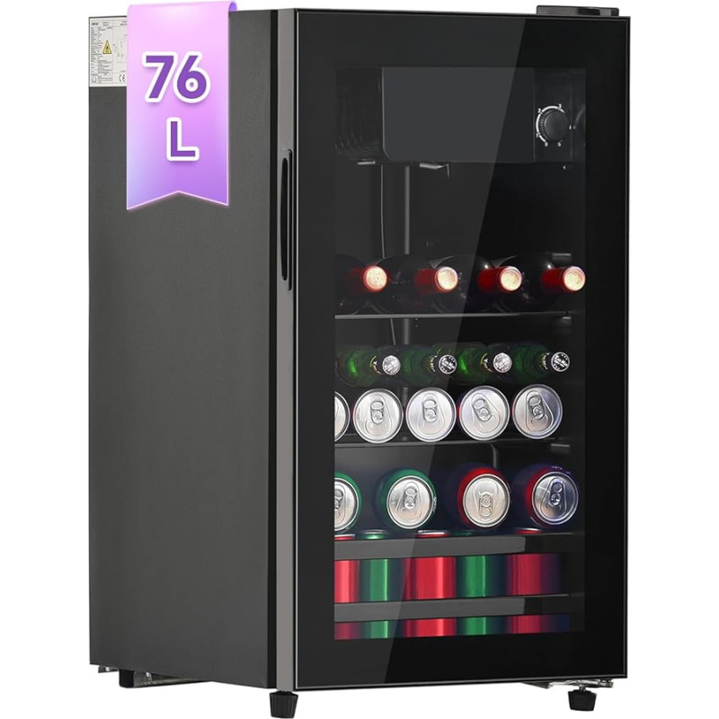 DRIXNO 76L Drinks Fridge with Freezer, for Ice, Holds 51 Cans of Soda, Water, Beer or Wine. Small Fridge with Glass Door, Quiet Operation, Energy Efficient