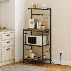 MAHANCRIS ABRHR35UE01 Köögiriiul, seisev riiul, pagaririiul pistikupesaga, 6 S konksu ja 4 korrust, 57 x 35 x 131,7 cm, mikrolaineahjualus kööki, söögituppa, elutuppa, Vintage pruun ja must