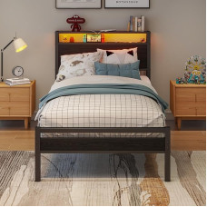 BORPHOM Voodiraam koos laadimisjaamaga, voodiraam 90 x 200 cm LED-valgustusega, üheinimesevoodi, külalisvoodi, noortevoodi, metallvoodi, 90 x 200 cm, lamelliraamiga, hoiuvoodiraam, lihtne kokku panna,