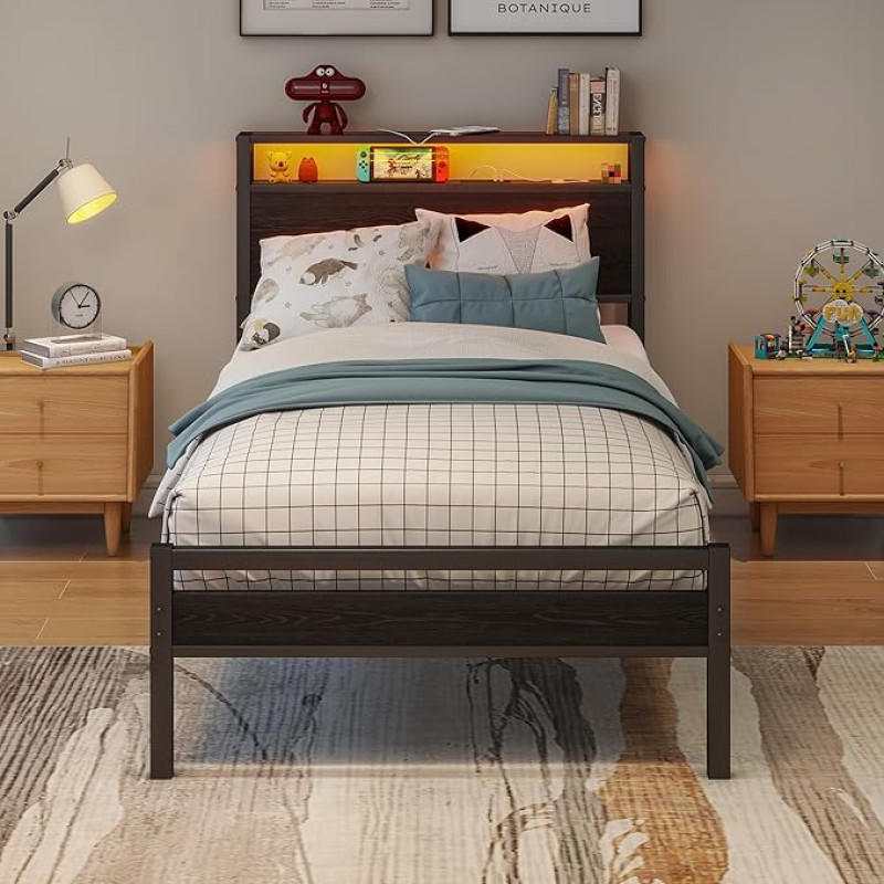 BORPHOM Voodiraam koos laadimisjaamaga, voodiraam 90 x 200 cm LED-valgustusega, üheinimesevoodi, külalisvoodi, noortevoodi, metallvoodi, 90 x 200 cm, lamelliraamiga, hoiuvoodiraam, lihtne kokku panna,