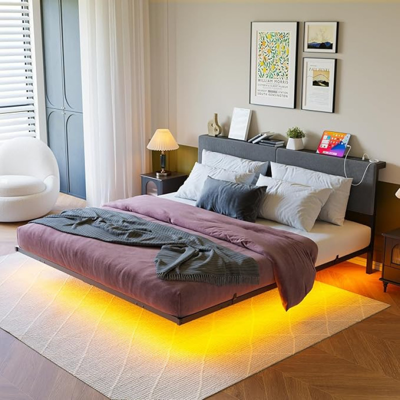 HOMERECOMMEND Voodi 140 x 200 cm, Kahekohaline voodiraam, hõljuv visuaalne efekt, LED-valgustusega voodi, Kahekohaline voodiraam 140 x 200 cm koos panipaigaga ja lamellraamiga, kõrge peatugi, tumehall